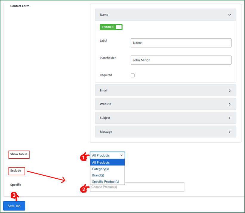 contact us form tab for WooCommerce