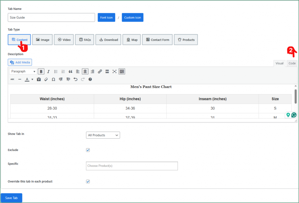 How to create a product size guide using content tab