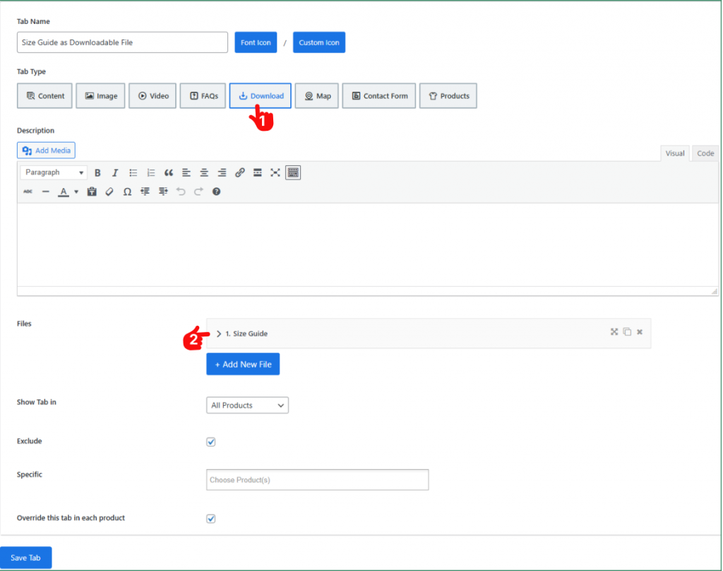 How to create a product size guide using download tab
