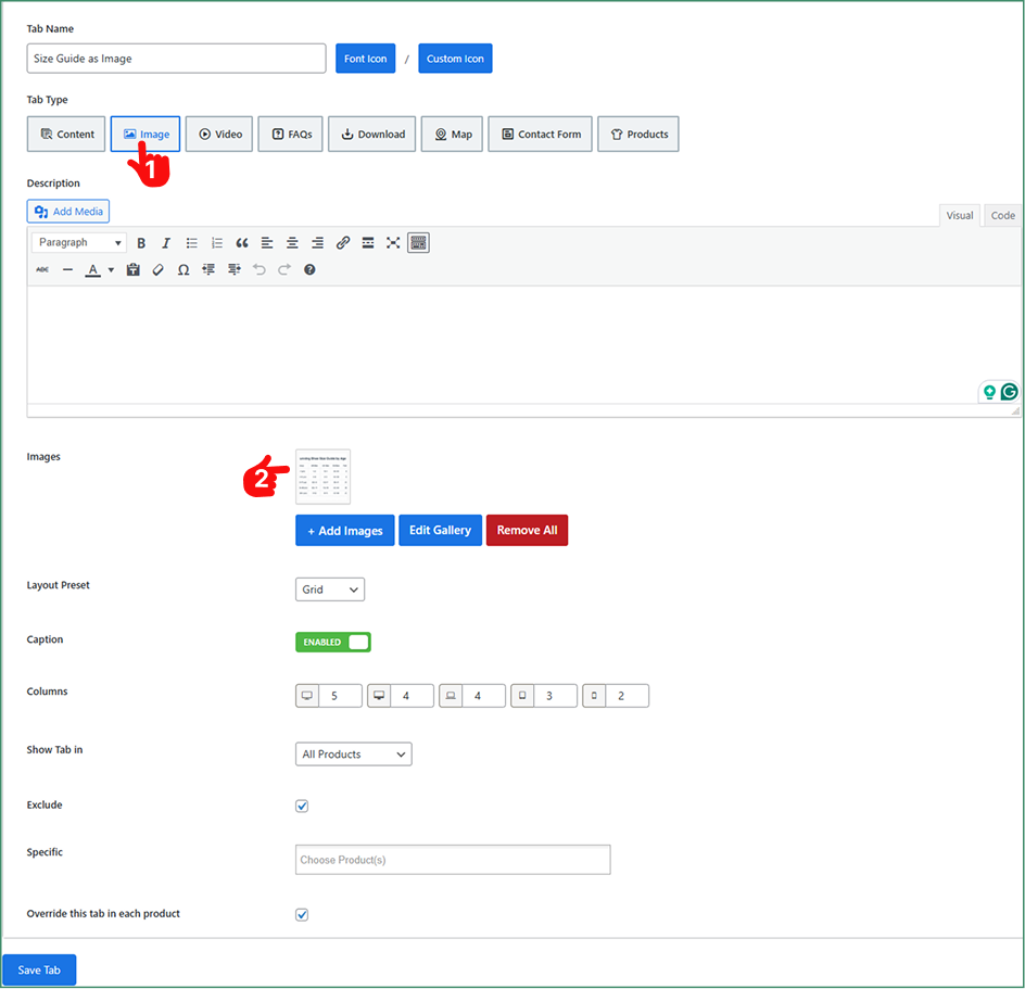How to create a product size guide using image tab