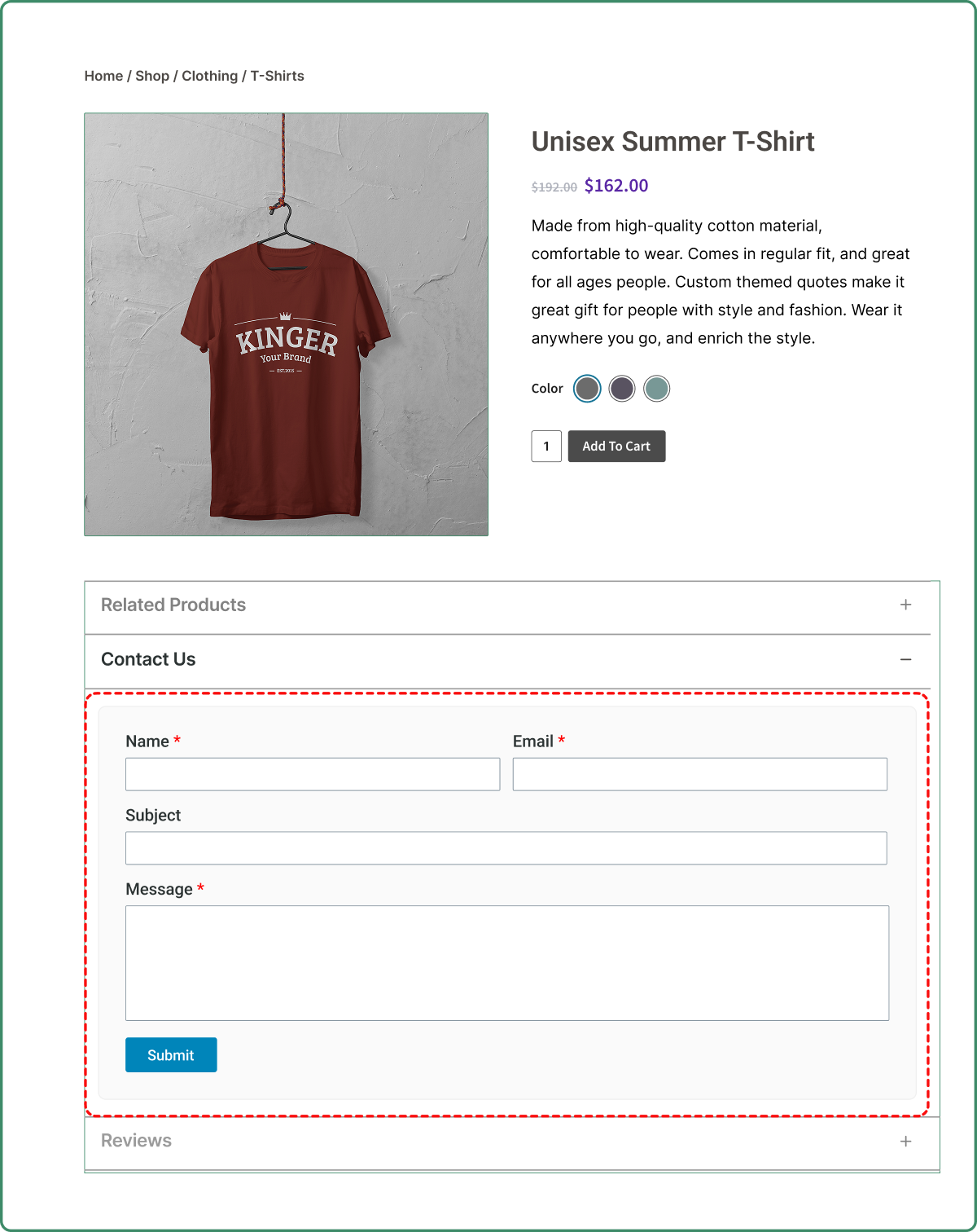 Example of WooCommerce contact us form to product page