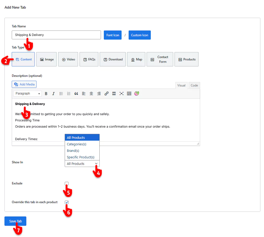assign a product tabs to specific or all products