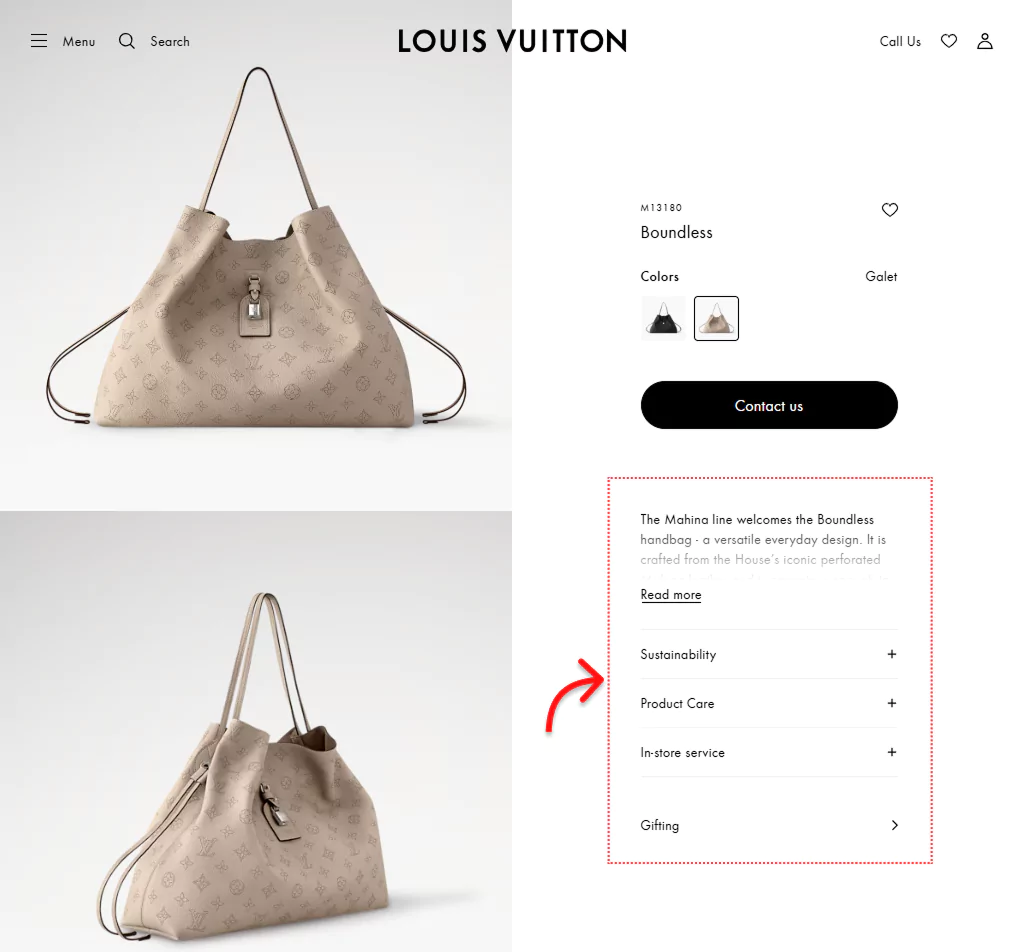 Product accordions on Louis Vuitton