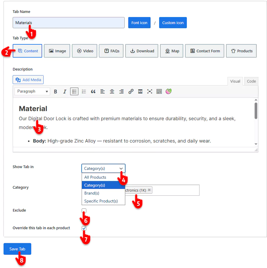 assign a product tabs to specific products or categories 