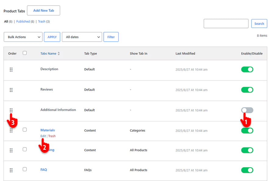steps to manage WooCommerce product tabs per category