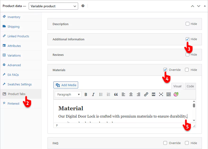 steps to manage WooCommerce product tabs per product