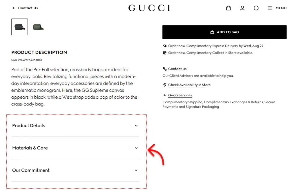 Product accordions on Gucci