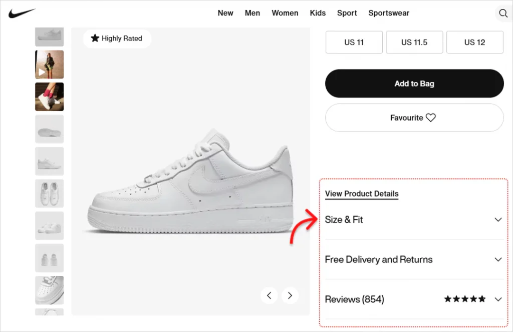 Nike product tabs
