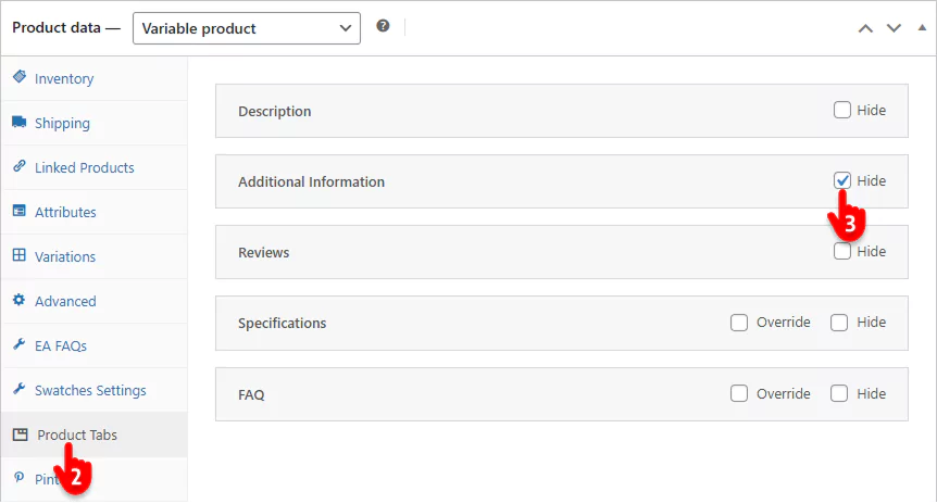 Steps to remove additional information tab per from specific products