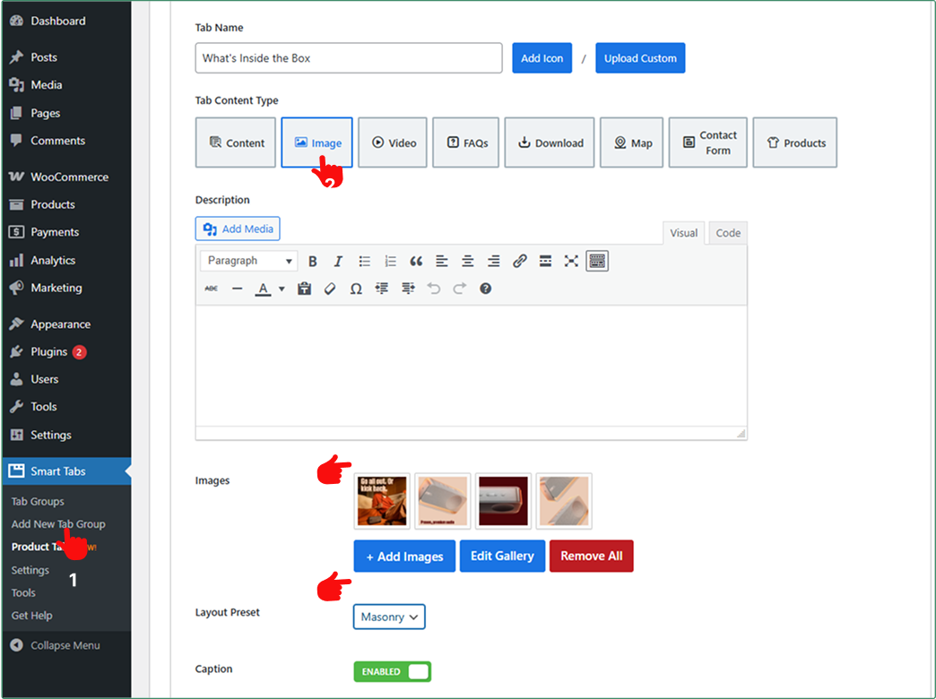 How to create an image gallery tab in WooCommerce