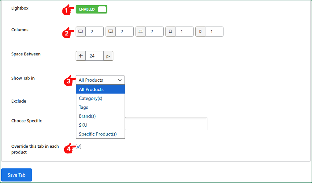 How to choose tab layouts and assign the tab to the products 