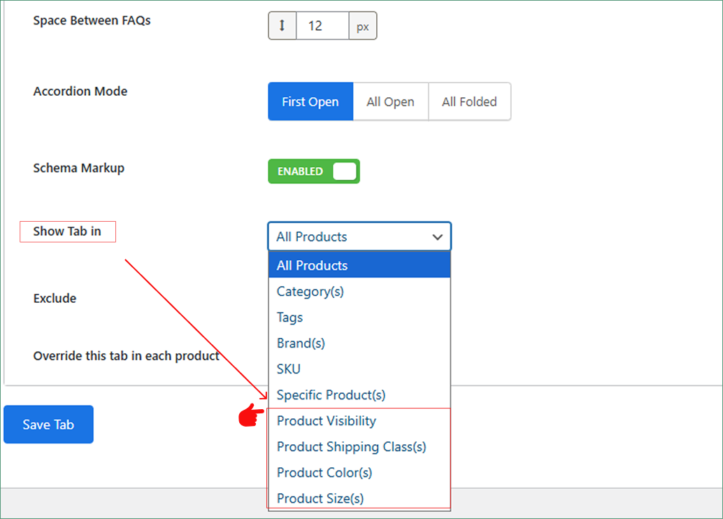 Show Product Tabs by Shipping Classses, Colors, Sizes