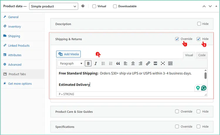 How to edit or hide shipping info tab per product