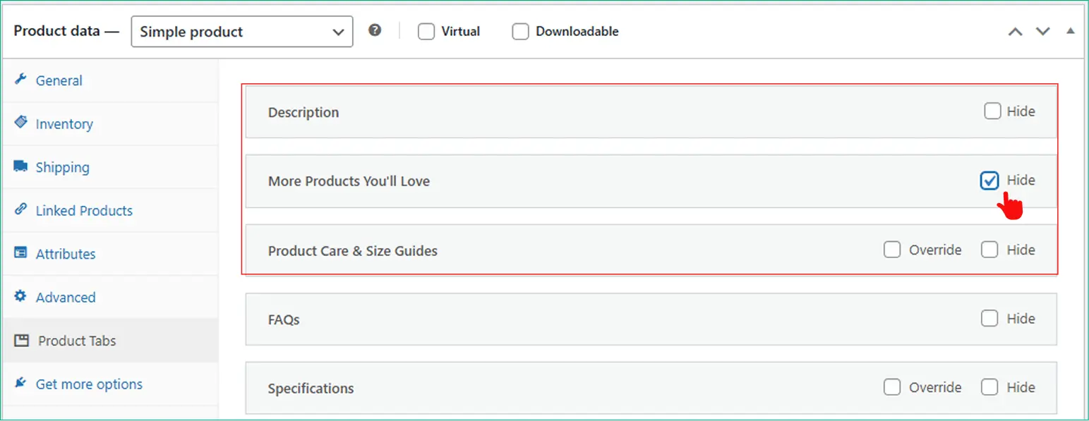 How to hide related products tab per product