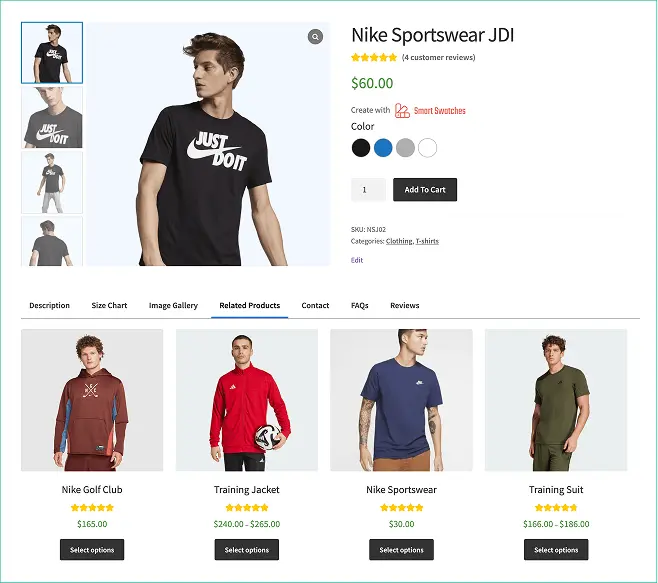 Live example of Custom Related Products Tab in WooCommerce product page