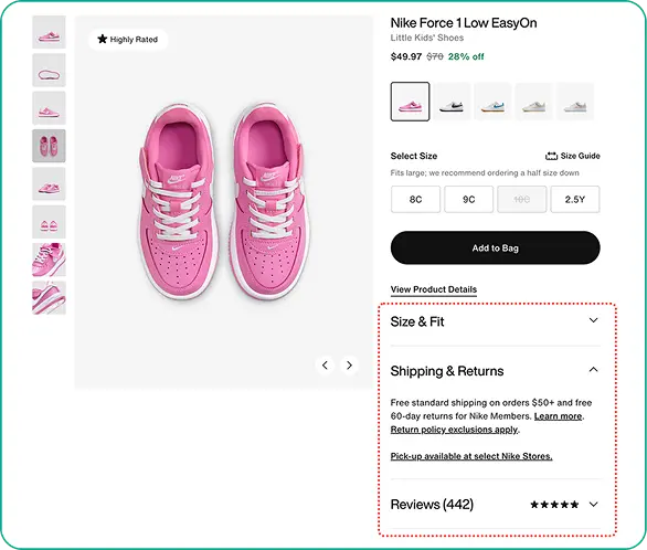 The example of Shipping Tab info from Nike