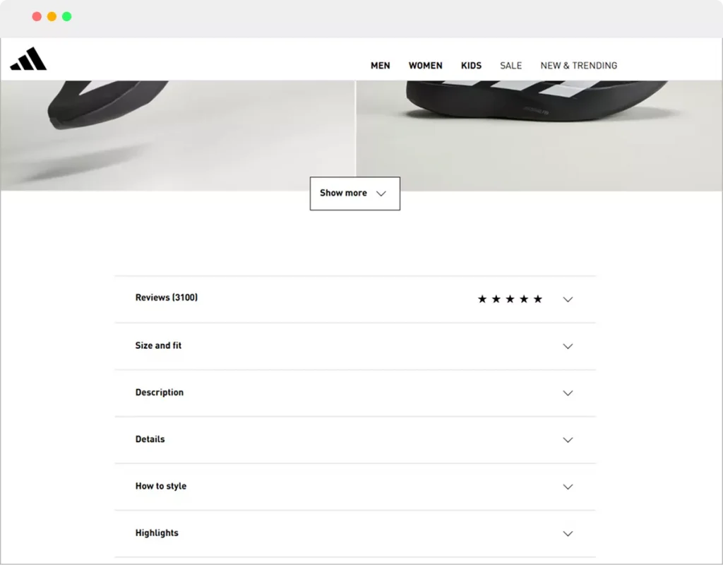 Product info accordions are on the Adidas product page.